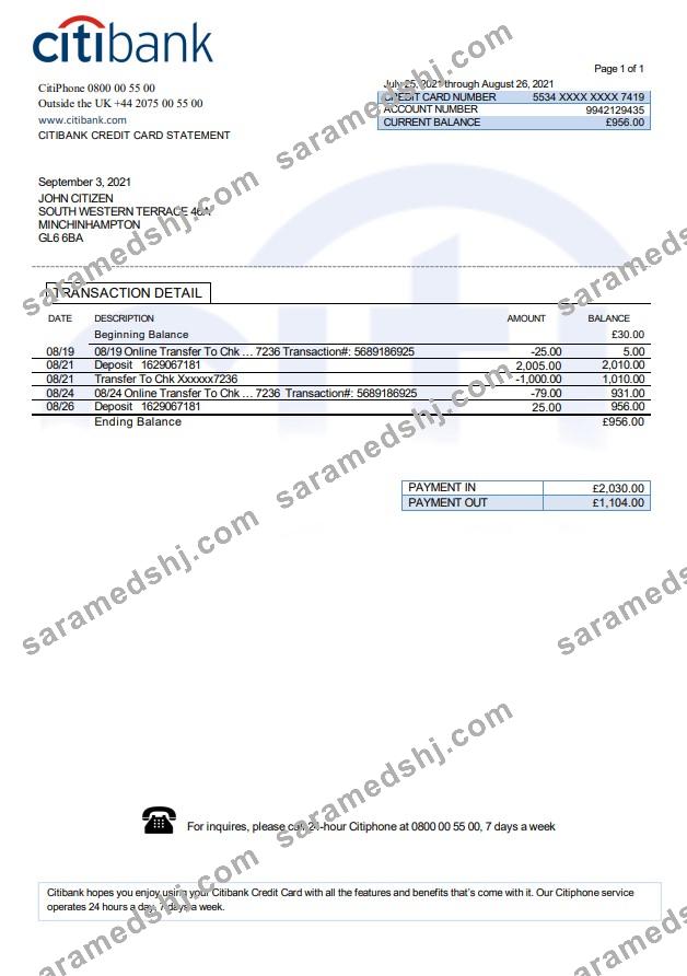 United Kingdom Citibank bank statement template in .doc and .pdf format